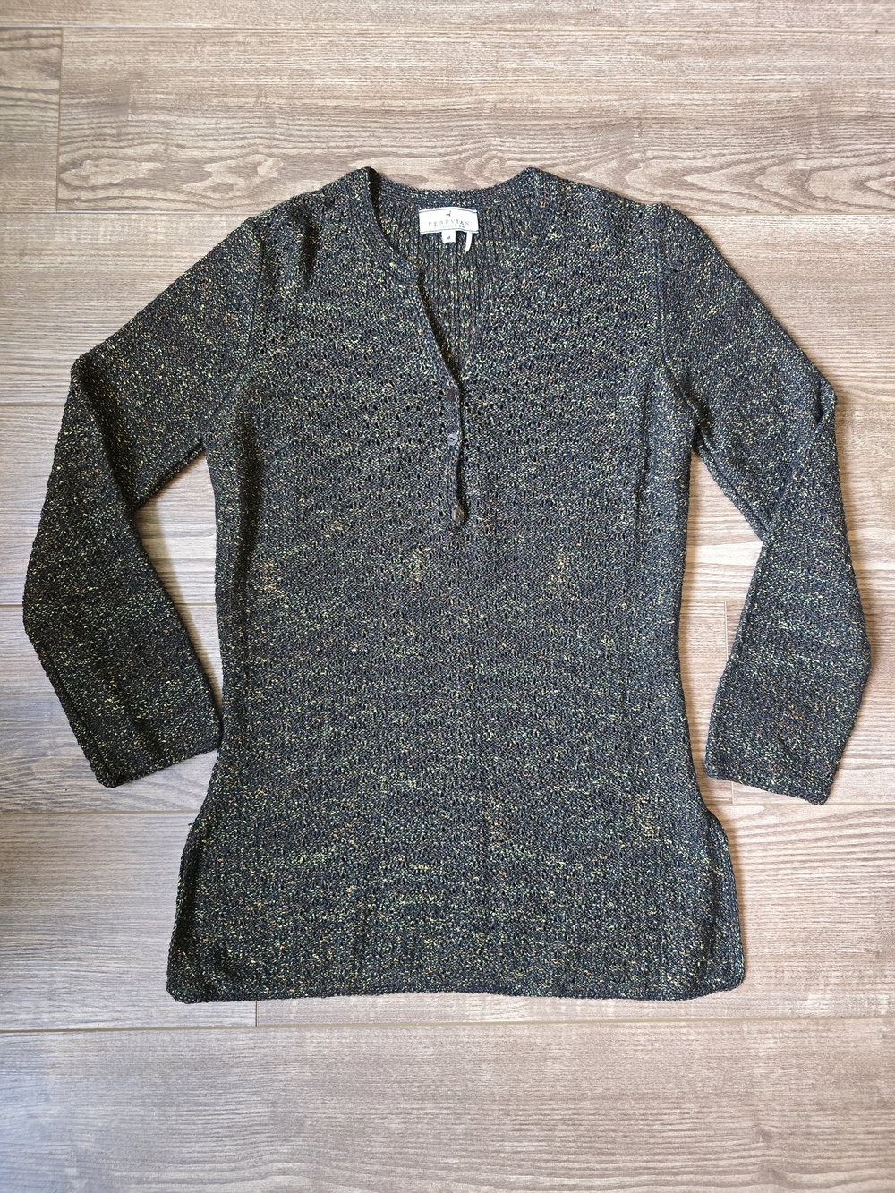 Peruvian Connection Sweater Womens M Black Marled Knit Henley Tunic Lagenlook